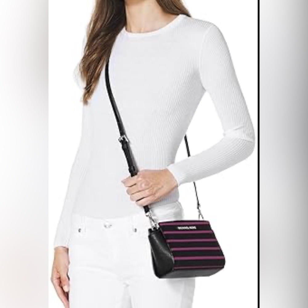 Michael Kors Selma Saffiano Leather MINI Messenger in Black and Deep Pink Stripe